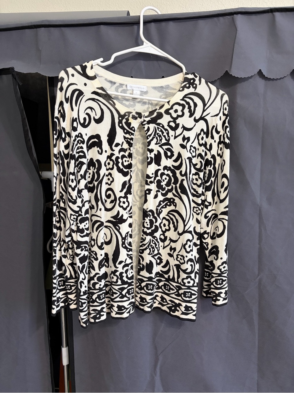 Charter Club Black and White Floral Open-Front Cardigan